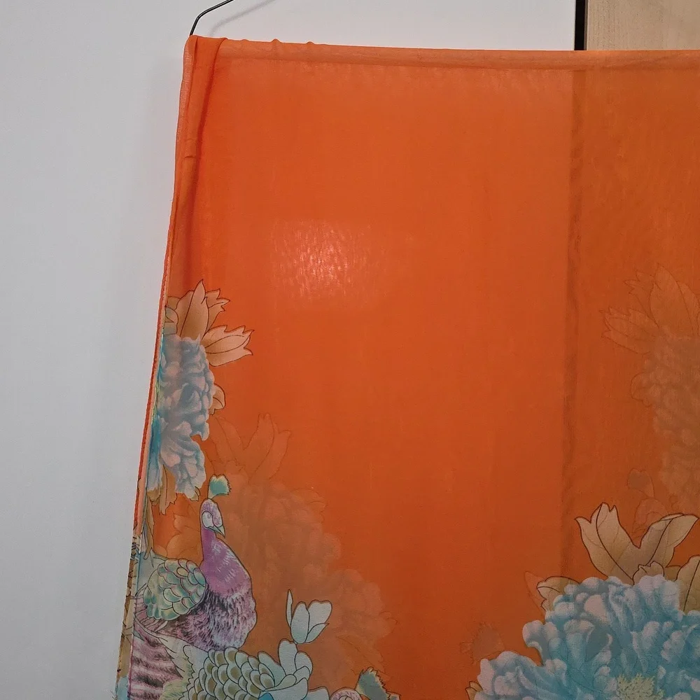 Orange and Blue Floral Scarf, Vibrant, Sheer, 20